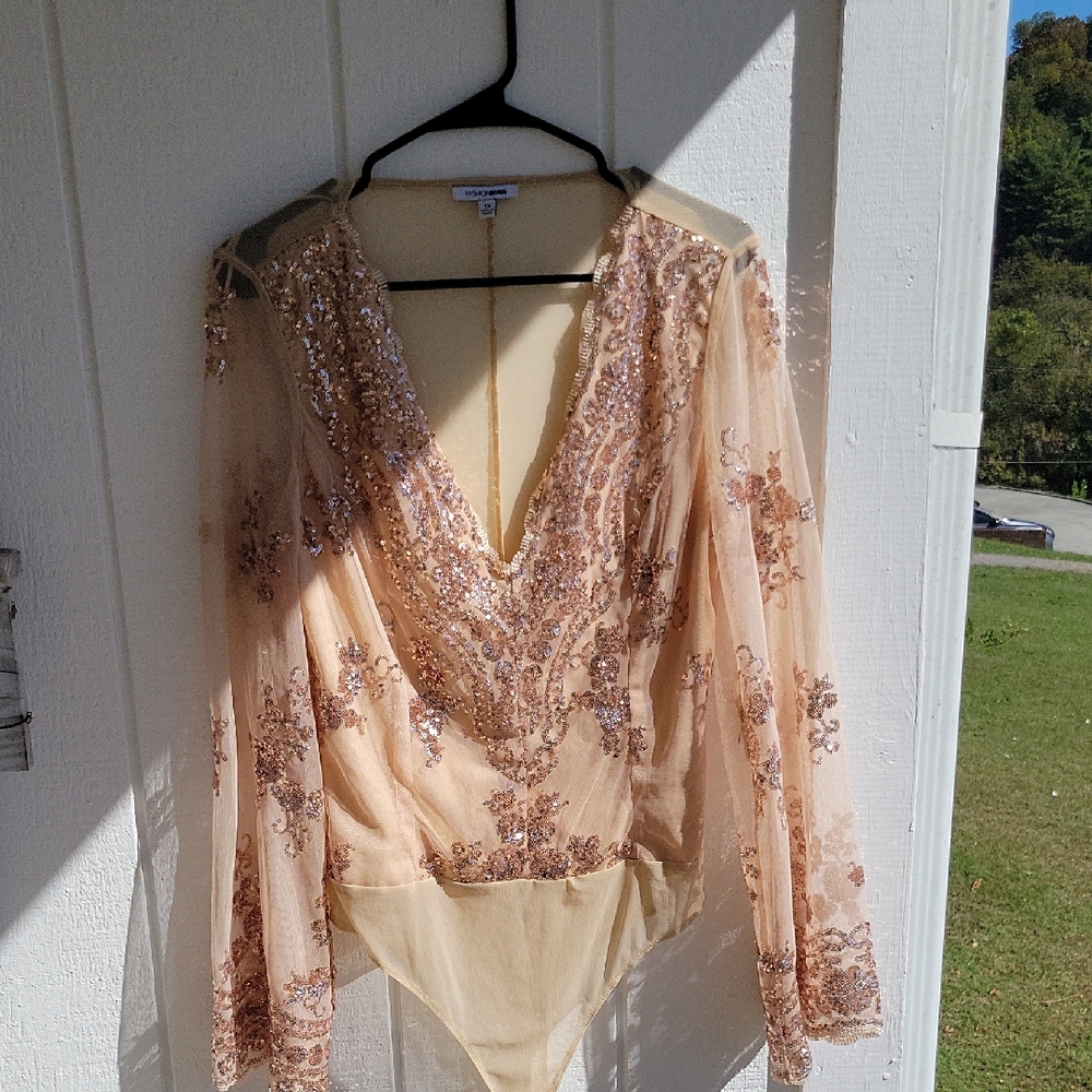 Fashion Nova Beige Sheer Bodysuit Sequins Bling Dressy Night Out Cruise
